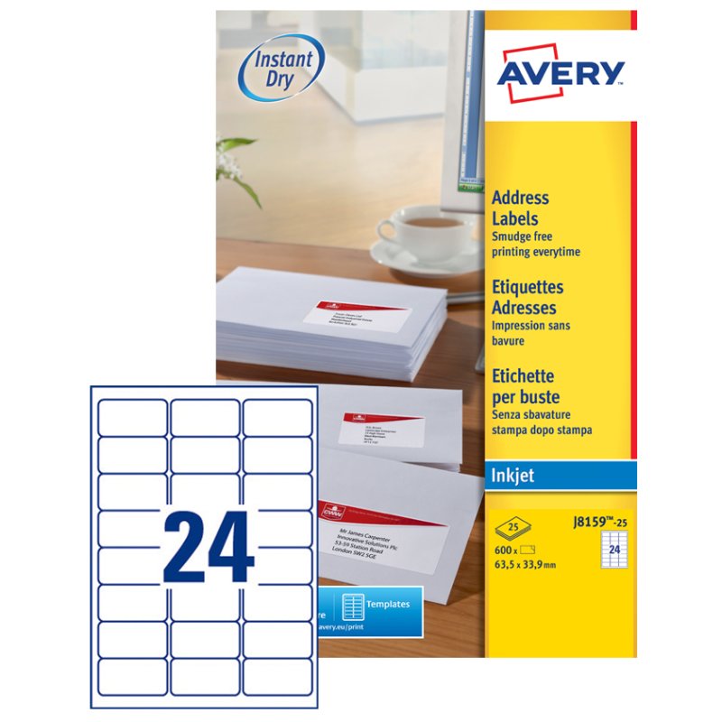 AVERY adresetiketten inkjetprinter, 63,5 × 38,1 mm, wit, 525 stuks