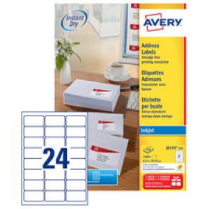 AVERY inktjet-adresetiketten, 63,5 × 33,9 mm, wit, 2400 stuks