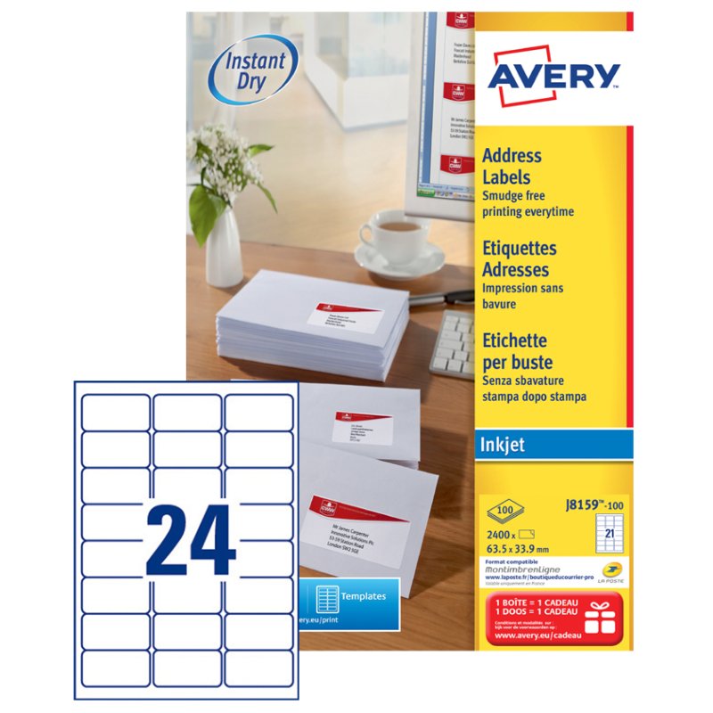 AVERY adresetiketten inkjetprinter, 99,1 × 33,9 mm, wit, 1600 stuks