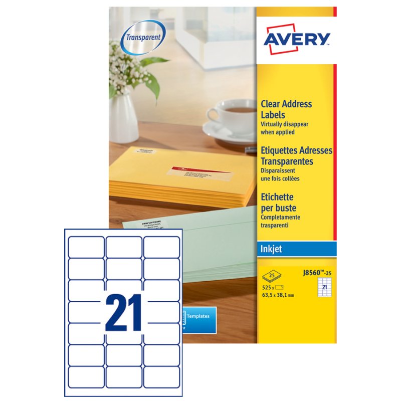 AVERY inkjet adresetiketten, 63,5 × 38,1 mm, transparant, 525 stuks