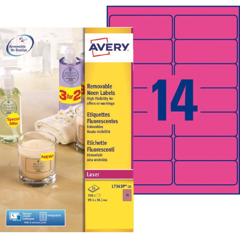 AVERY étiquettes fluorescentes, 99,1 × 38,1 mm, rose néon, 350 pièces