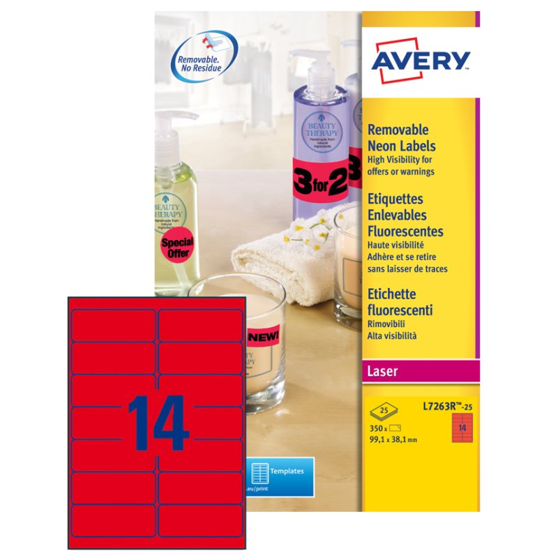 AVERY étiquettes fluorescentes, 99,1 × 38,1 mm, rose néon, 350 pièces