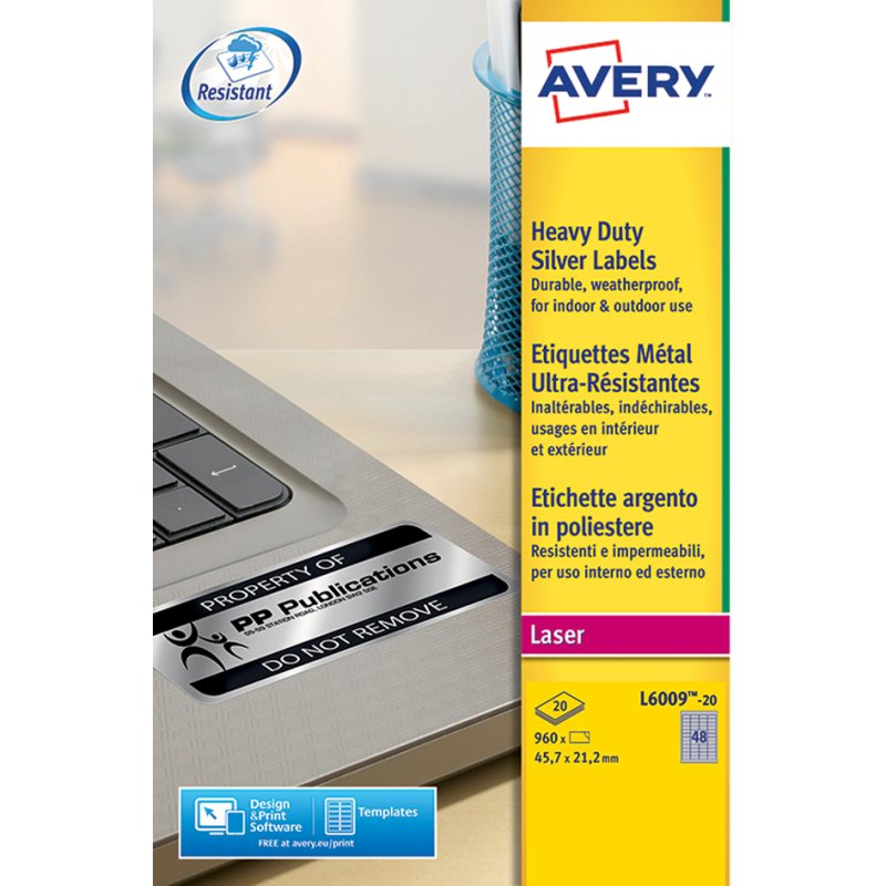 AVERY étiquettes ultra-résistantes, 63,5 × 29,6 mm, argent, 540 pièces