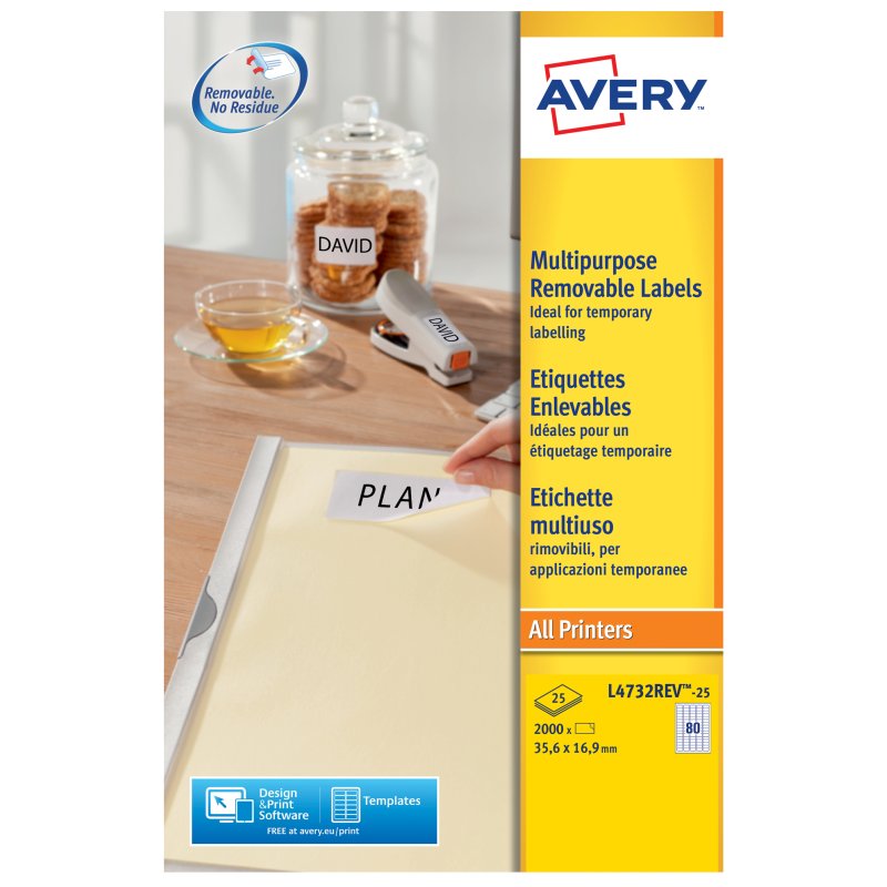 AVERY verwijderbare multi-etiketten, 45,7 × 21,2 mm, wit, 1200 stuks