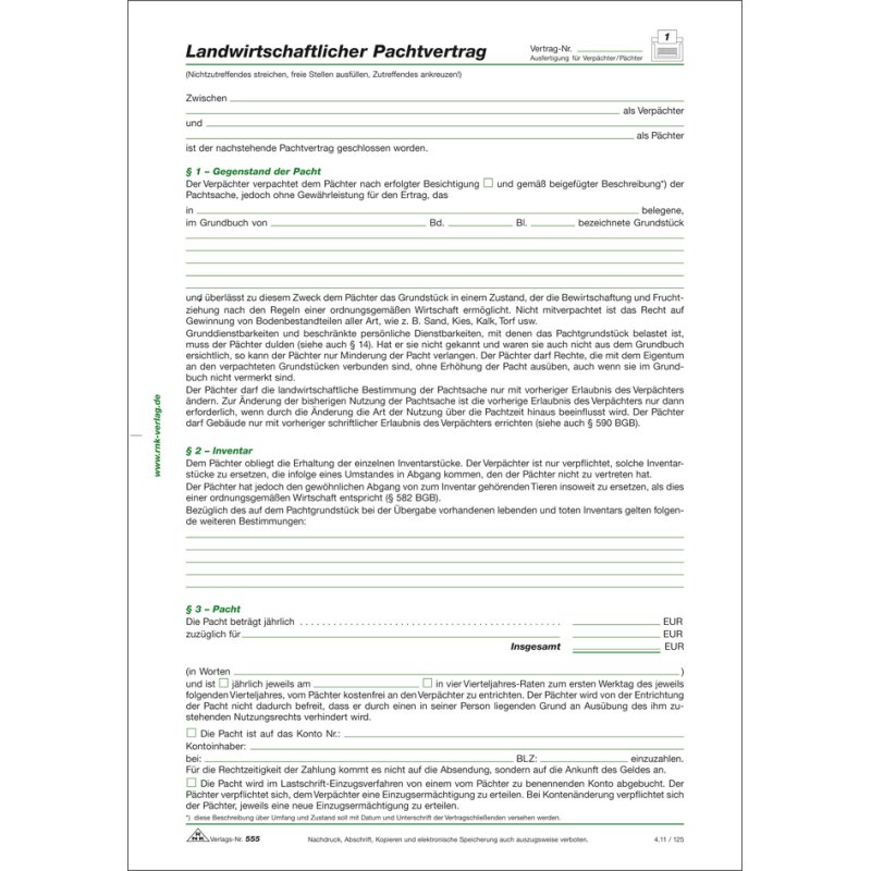 RNK Verlag agricultural lease contract, white, folded, A4, 10 pieces