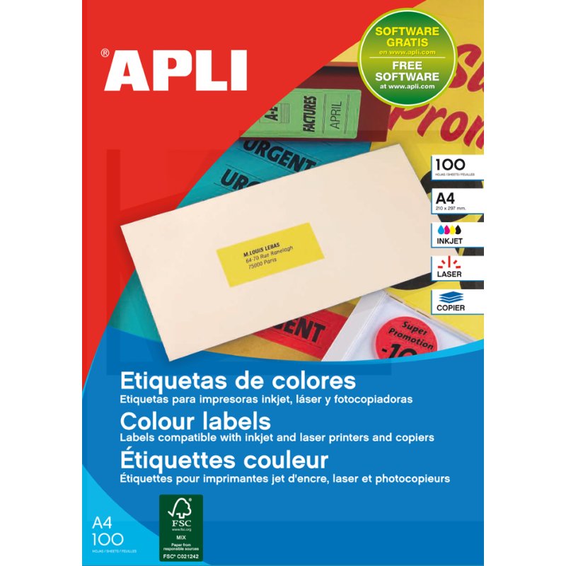 APLI étiquettes adresses, 70×31 mm, rouge néon, 2700 pièces