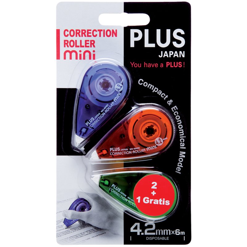 PLUS JAPAN correctieroller MINI, 4,2 mm × 6 m, muis-vorm, 3 stuks