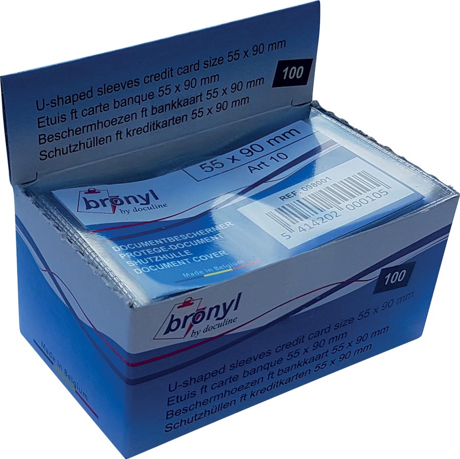 Bronyl U-pocket in transparent PVC of 140 micron, credit card size, display of 100 pieces