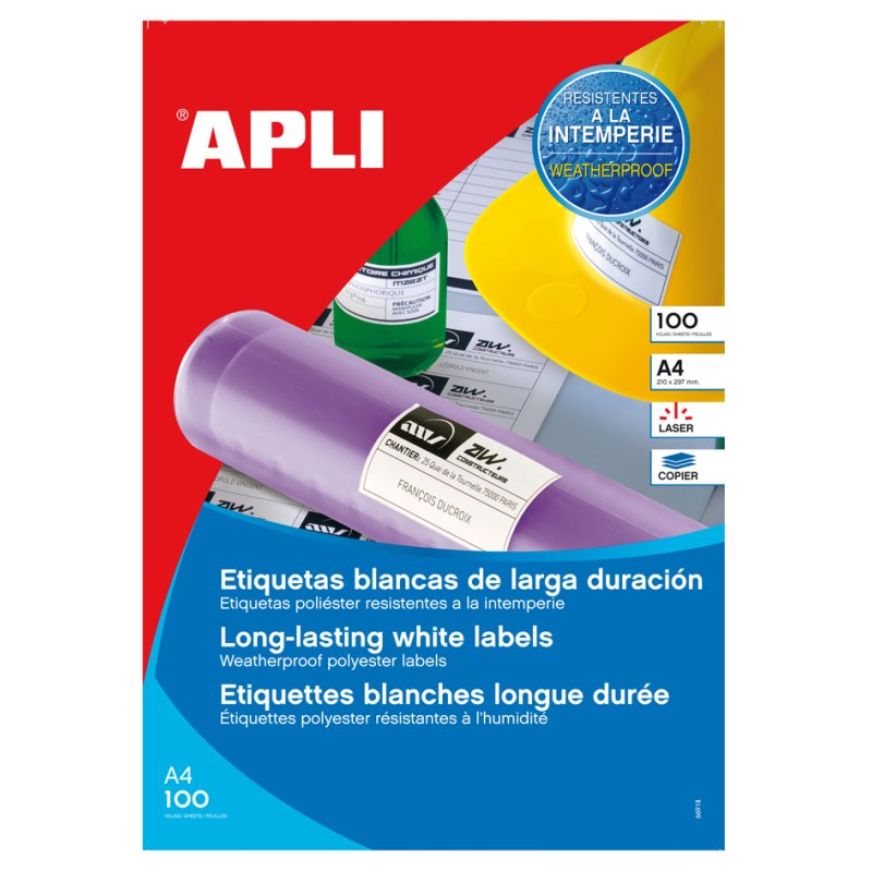 APLI films étiquettes résistants aux intempéries, 210 × 297 mm, blanc, 100 pièces