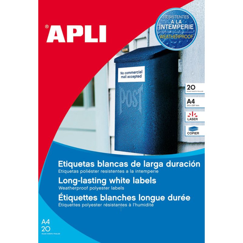 APLI étiquettes film résistant aux intempéries, 105 × 148 mm, blanc, 80 pièces
