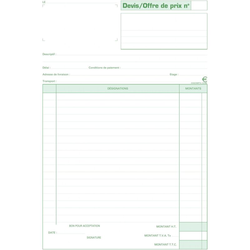 EXACOMPTA bloc facture Devis, blanc/vert, 297×210 mm, tripli autocopiant, 50 feuilles