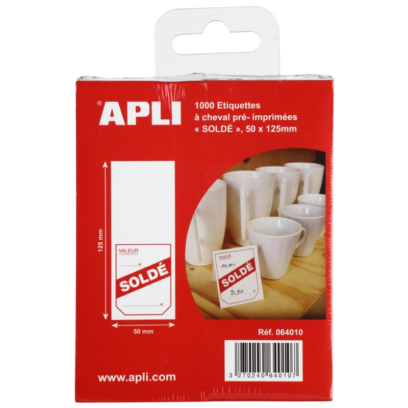 APLI étiquettes de prix de liquidation, 50×125 mm, blanc avec impression rouge, 1000 pièces