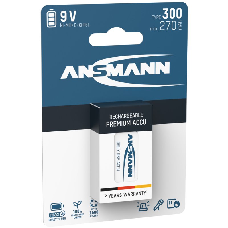ANSMANN NiMH rechargeable battery 9V E-Block, 300 mAh, nickel-metal hydride