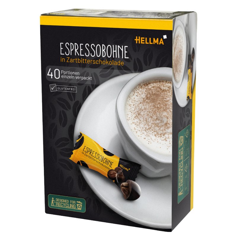 HELLMA espresso beans in dark chocolate, individually wrapped, 40 pieces of 1.1 g