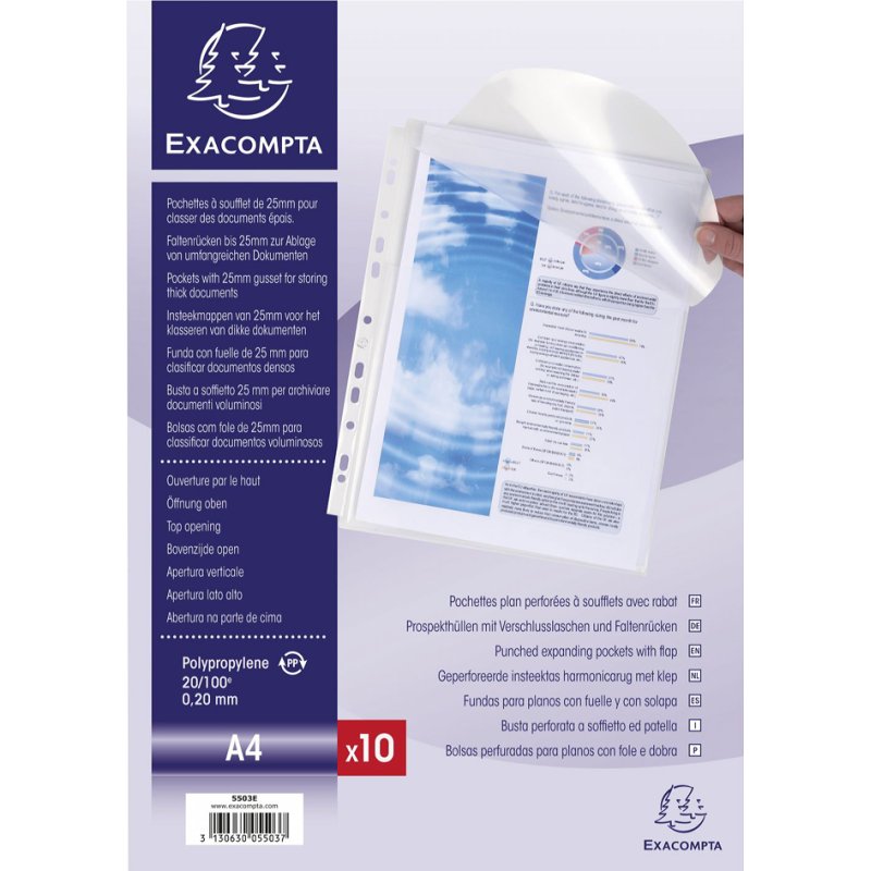 EXACOMPTA pochettes de rangement avec fermeture, A4, transparent, 10 pièces