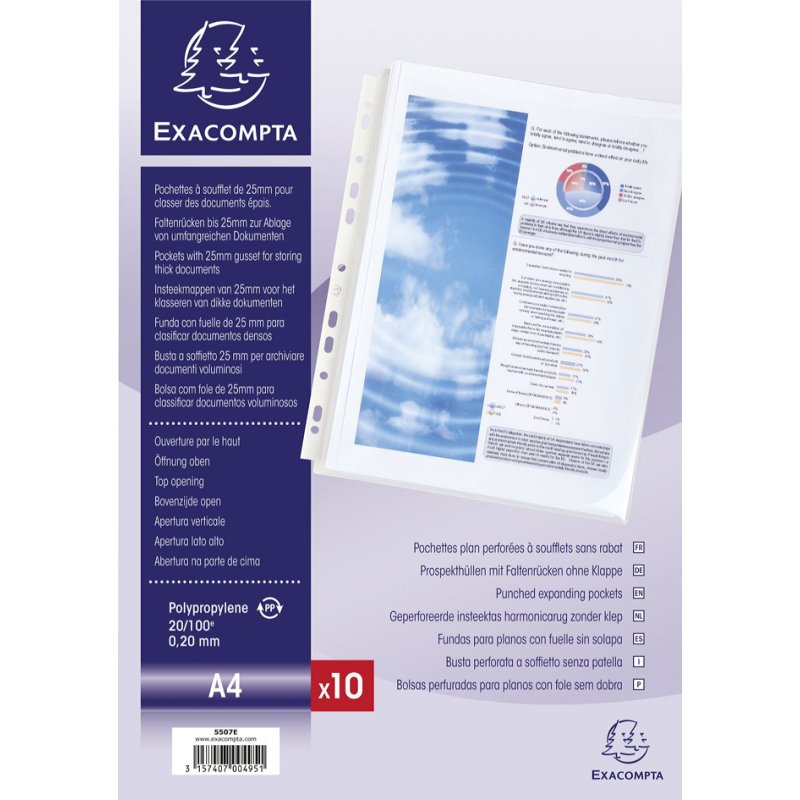 EXACOMPTA pochettes de documents avec sac pliable A4, PP transparent, sac pliable 25 mm, 10 pièces