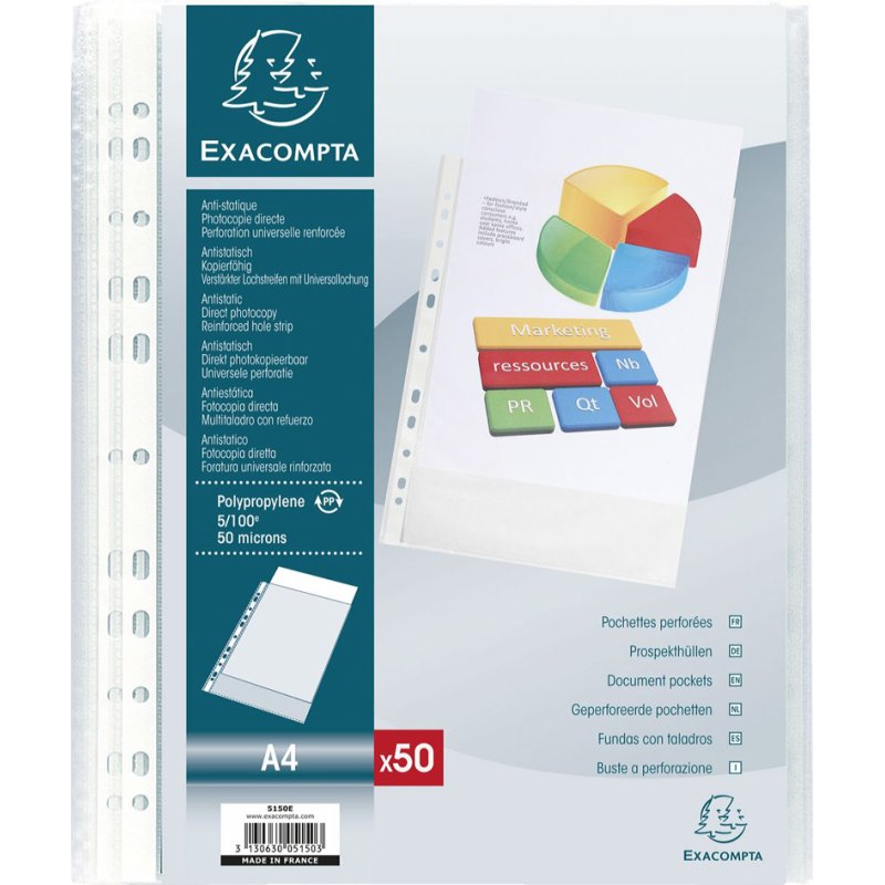 EXACOMPTA hoesjes A4, transparant geperforeerd, 50 my, 100 stuks