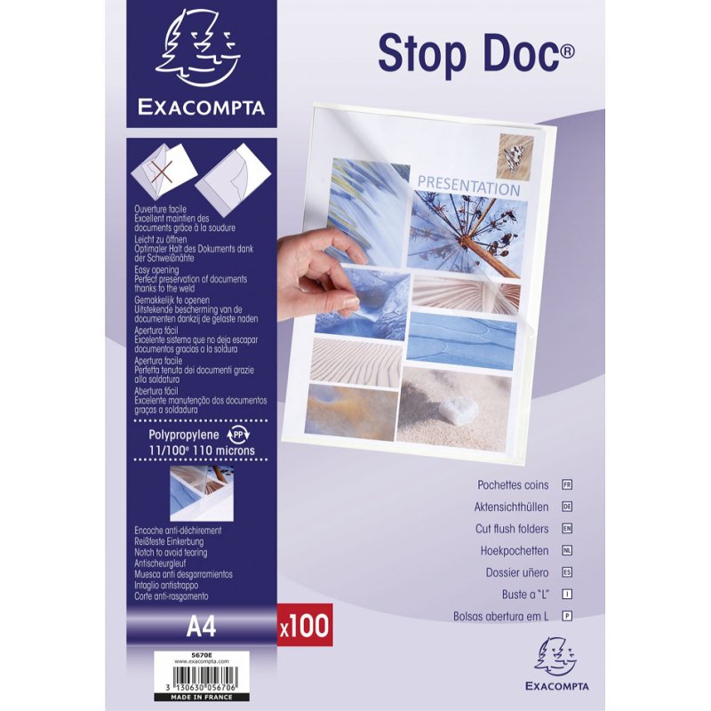 EXACOMPTA pochettes de documents Stop Doc, A4, PP 0,11 mm, cristal clair, 100 pièces