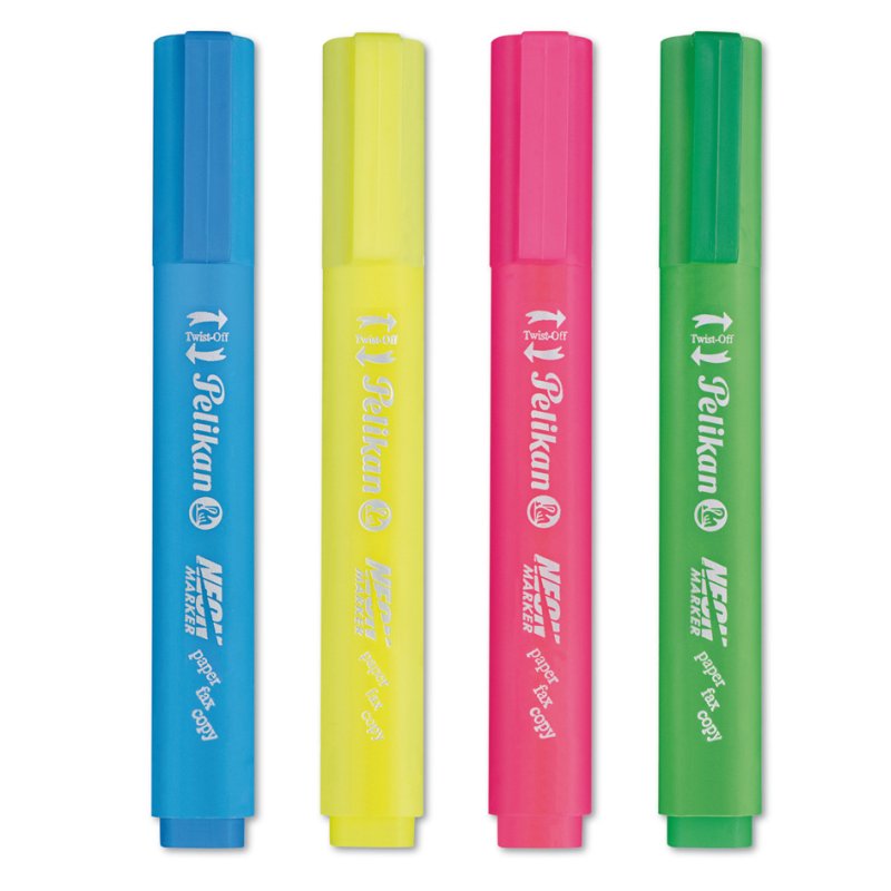 Pelikan marqueur fluo néon, jaune/vert/rose/bleu, étui de 4