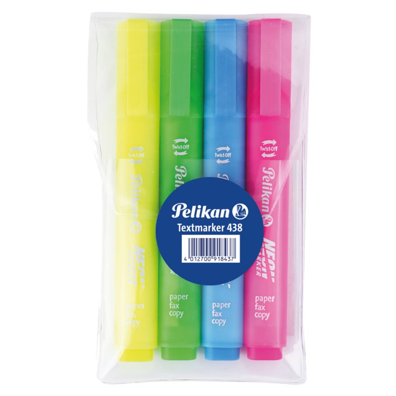 Pelikan marqueur fluo néon, jaune/vert/rose/bleu, étui de 4