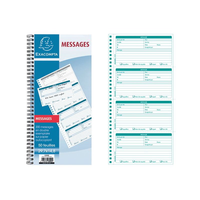 EXACOMPTA bloc-notes messages téléphoniques, blanc/vert, 148×297 mm, 50 feuilles