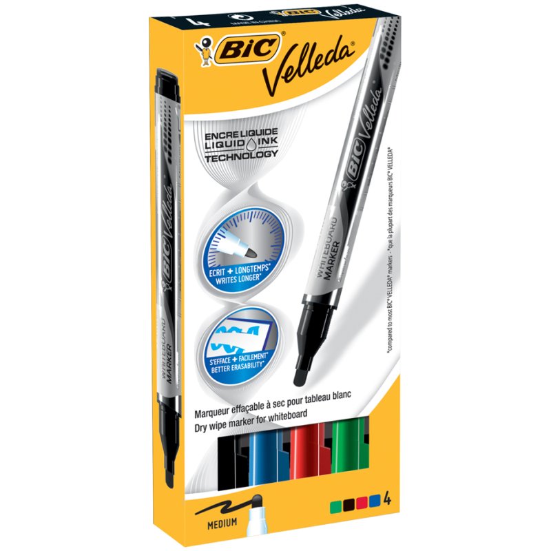 BIC marqueurs tableau blanc Velleda Liquid Ink, pointe ronde 2,2 mm, 4 couleurs, 4 pièces