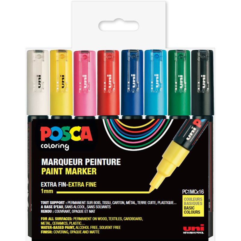 POSCA marqueurs à pigments PC1MC, 0,7-1,0 mm, noir/blanc/or/argent, 4 pièces
