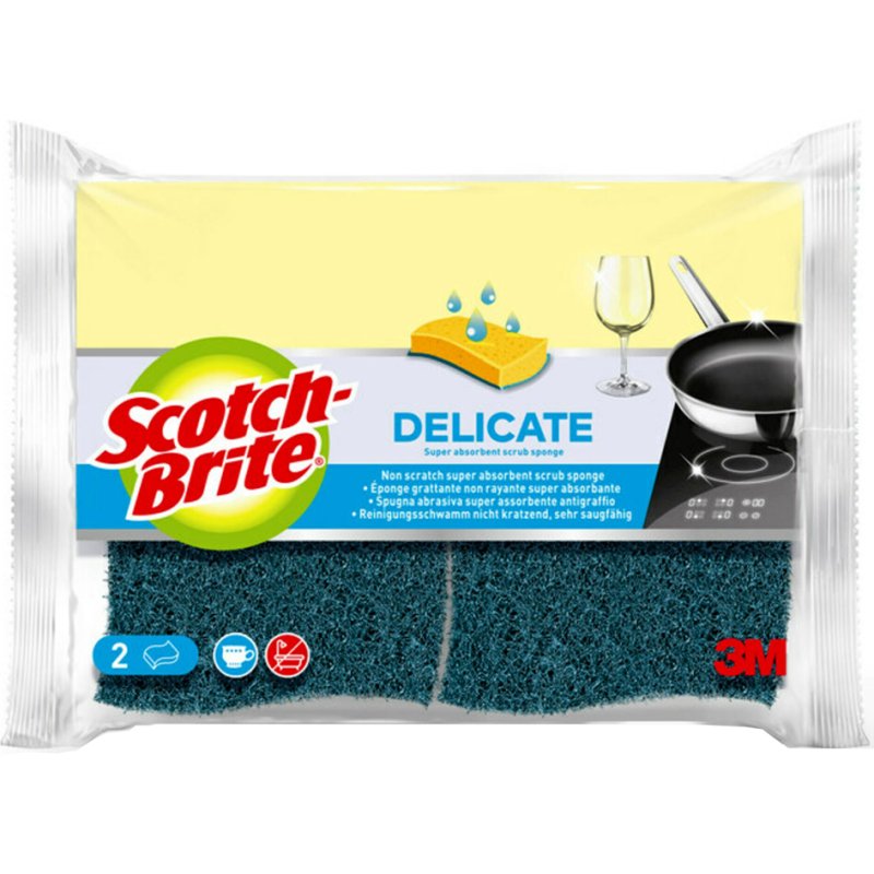 Scotch Brite éponge nettoyage fibre naturelle délicat, jaune/bleu, non-rayant, 2 pièces