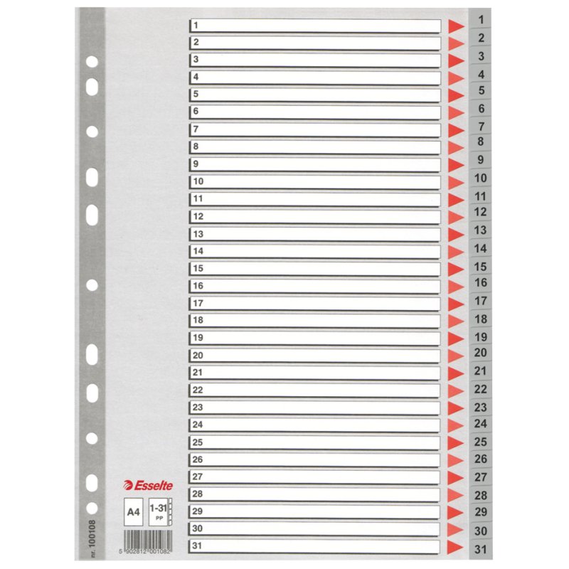 Esselte intercalaires plastique A4, 1-31, gris, 31 pièces