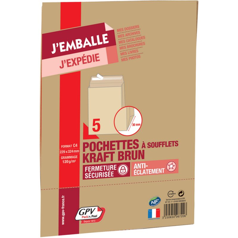 GPV Pochettes d'expédition pliantes C4, brun, 229×324 mm, 5 pièces