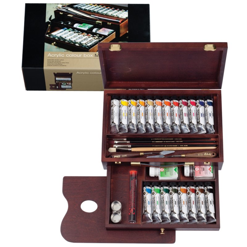 Royal Talens Rembrandt ensemble de peinture acrylique Master, 20 tubes 40 ml, coffret bois, pinceaux