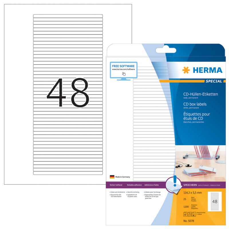 HERMA Étiquettes pour pochettes CD, 114,3 × 5,5 mm, blanc, 1200 pièces