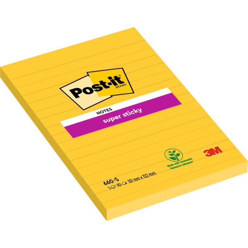 Post-it bloc-notes super sticky, 101×152 mm, jaune ultra, 90 feuilles