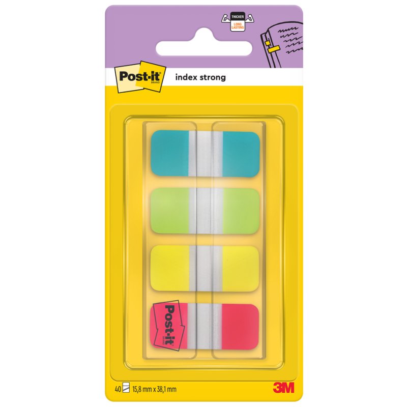 Post-it Index markeertabs Strong in etui, 16 × 38 mm, trendkleuren, 40 stuks