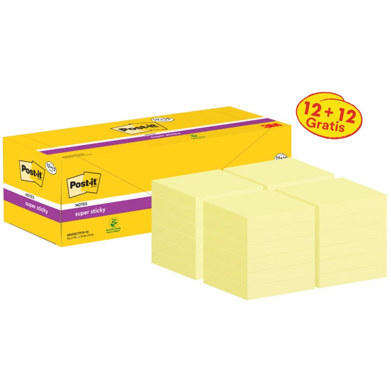 Post-it Super Sticky notes, 76×76 mm, yellow, 24 pads