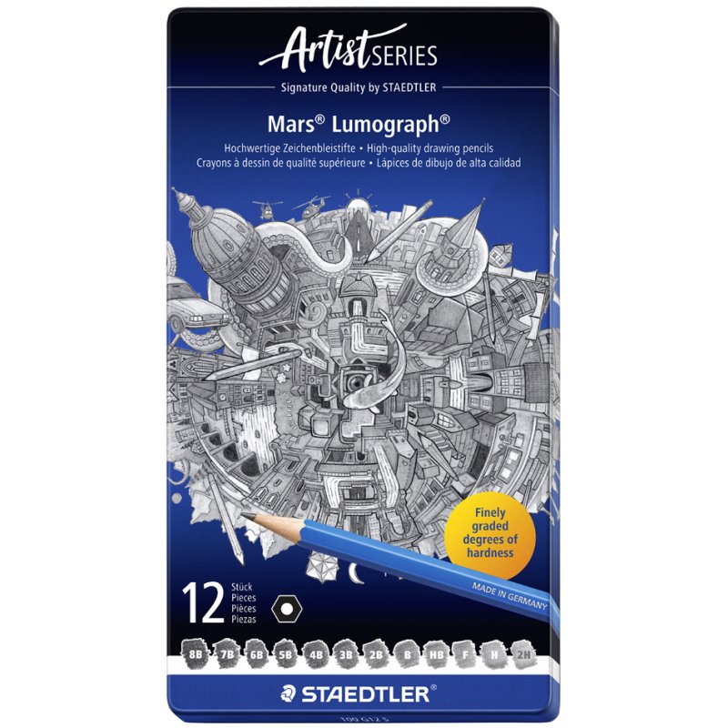 STAEDTLER Mars Lumograph crayons set, laqué bleu, 6 pièces, étui métallique