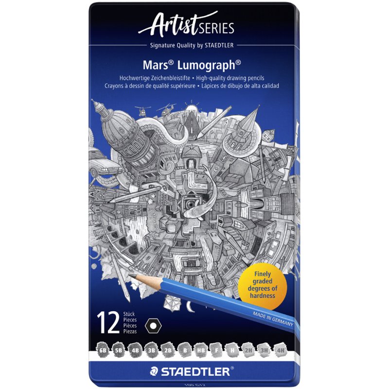STAEDTLER Mars Lumograph crayons set, laqué bleu, 6 pièces, étui métallique