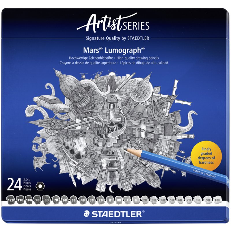 STAEDTLER Mars Lumograph crayons set, laqué bleu, 6 pièces, étui métallique