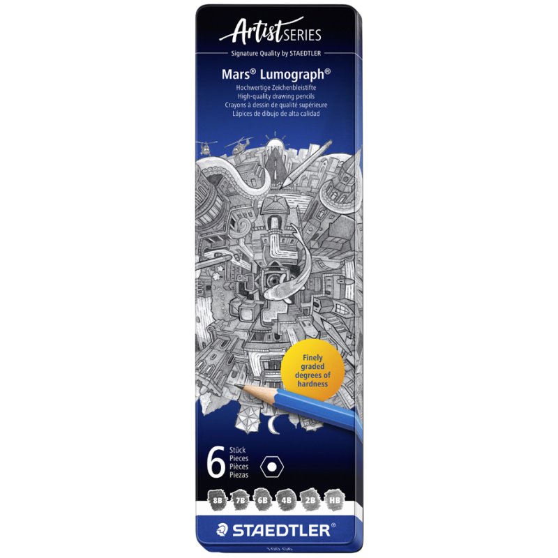 STAEDTLER Mars Lumograph crayons set, laqué bleu, 6 pièces, étui métallique