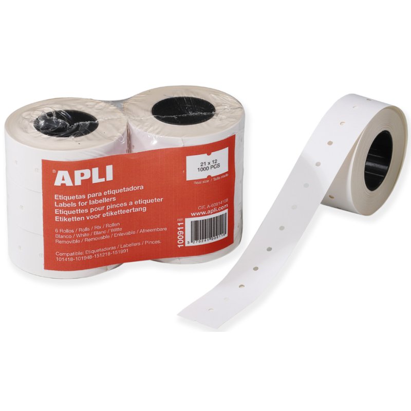 APLI étiquettes de prix pour pistolet à étiqueter, 21 × 12 mm, blanc, 6 rouleaux