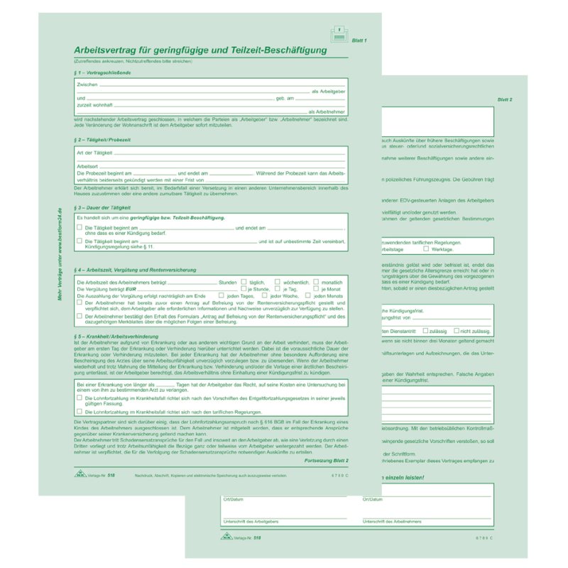 RNK Verlag part-time employment contract, white/green, A4, self-copying, 10 pieces