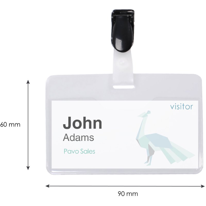 Pavo name badges with clip, 60 × 90 mm, transparent, 25 pieces