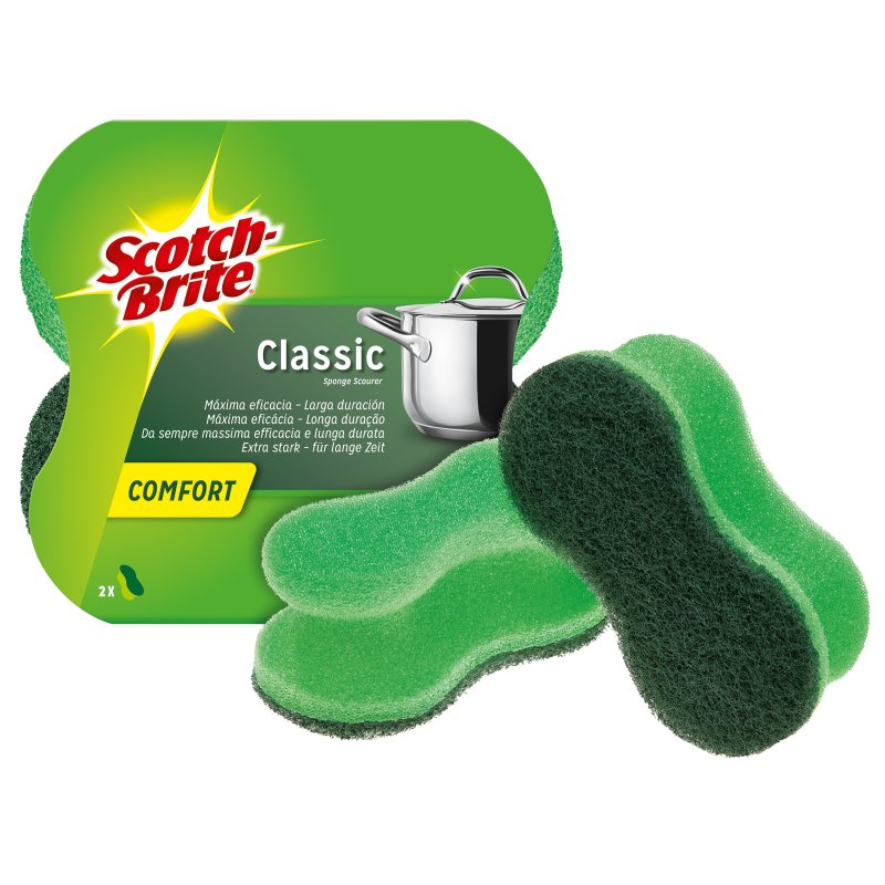 Scotch-Brite tampon à récurer Classique Comfort, vert, forme ergonomique, 2 pièces