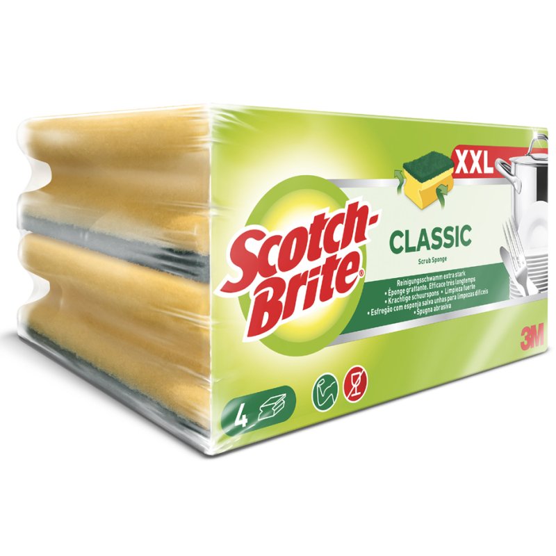 Scotch Brite schuurspons Classic XXL, geel/groen, 150×79×38 mm, 4 stuks