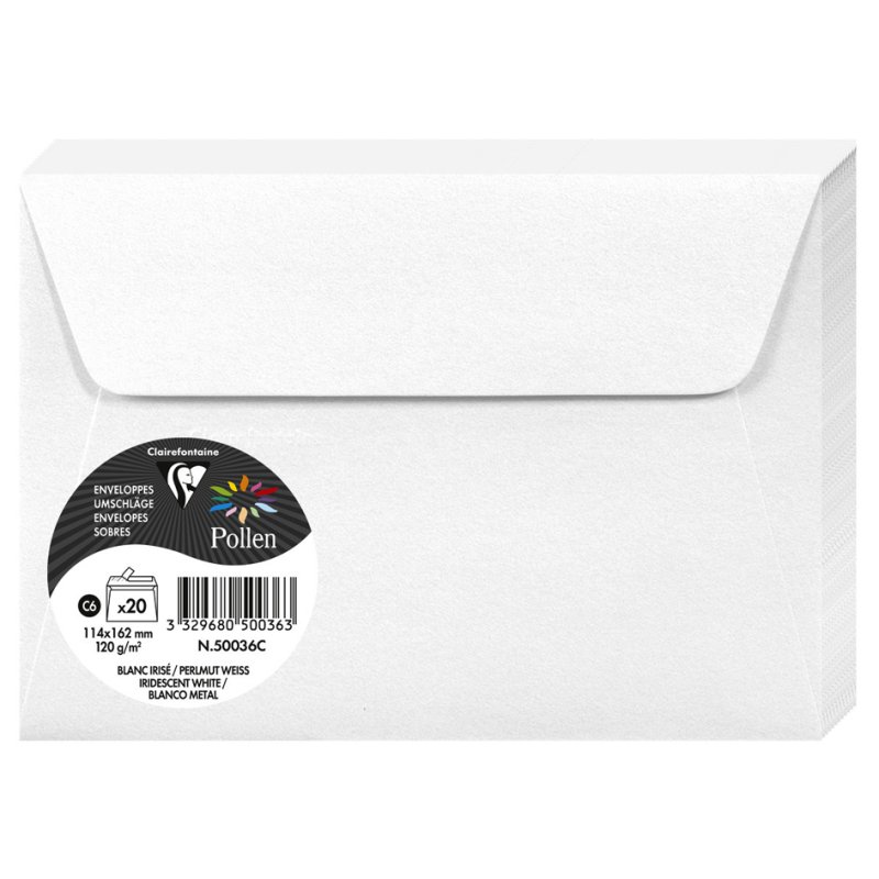 Pollen by Clairefontaine enveloppes C6, blanc nacré, 114×162 mm, 20 pièces