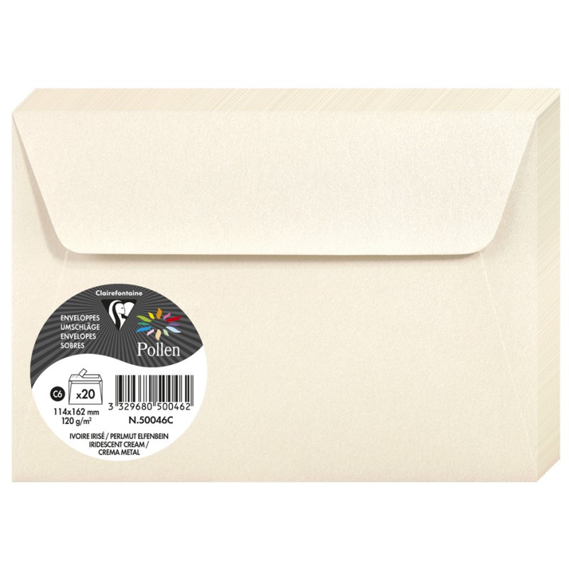 Pollen by Clairefontaine enveloppes C6, blanc nacré, 114×162 mm, 20 pièces