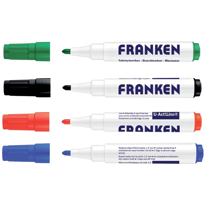 FRANKEN marqueurs pour tableaux blancs U-ACT! Line, assortiment 4 couleurs, pointe ronde, 3 mm