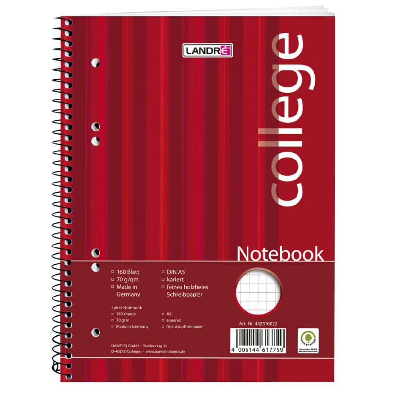 LANDRÉ lecture notebook A5, red, checked, 160 sheets