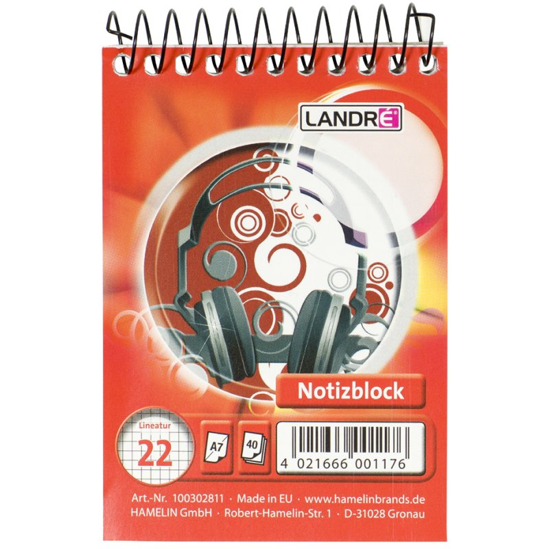 LANDRÉ notitieboekje A7, rood, geruit, 40 pagina's, kopspiraal