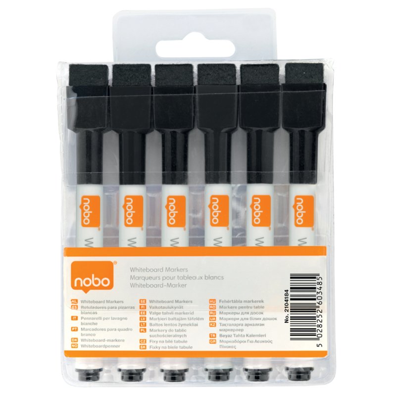 nobo marqueur pour tableau blanc, noir, magnétique, 6 pièces